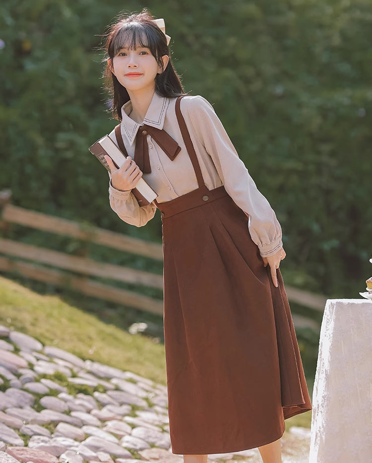 Corduroy Suede Suspender Skirt / Blouse (Brown)