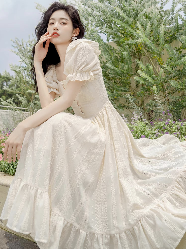 Lace Broderie Midi Dress (Cream)