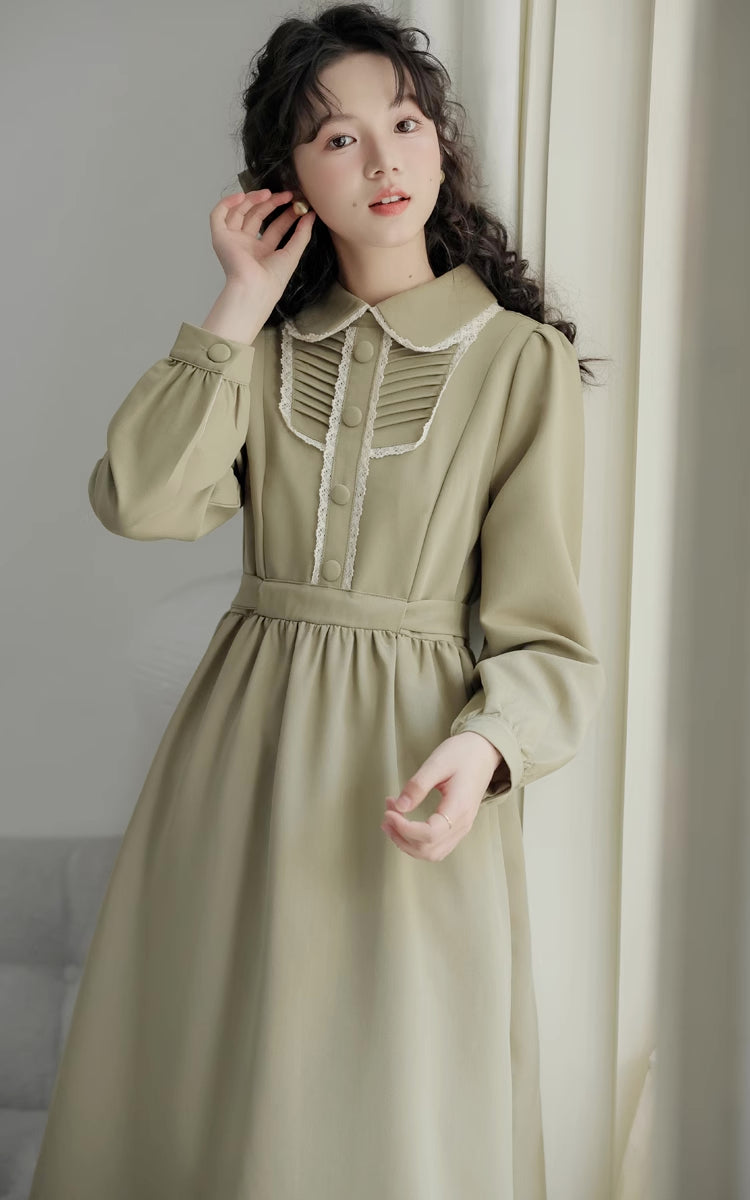 Sunday Tea Long Sleeve Midi Dress (Olive)