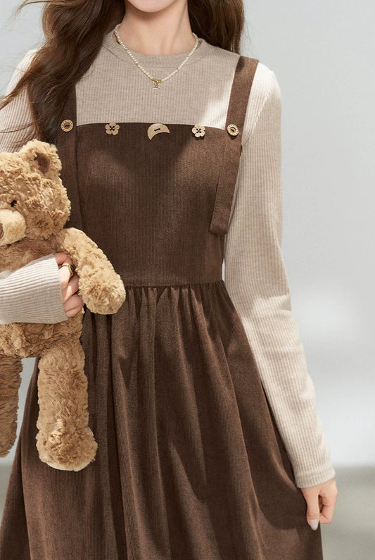 Playful Buttons Twofer Midi Dress (Brown)