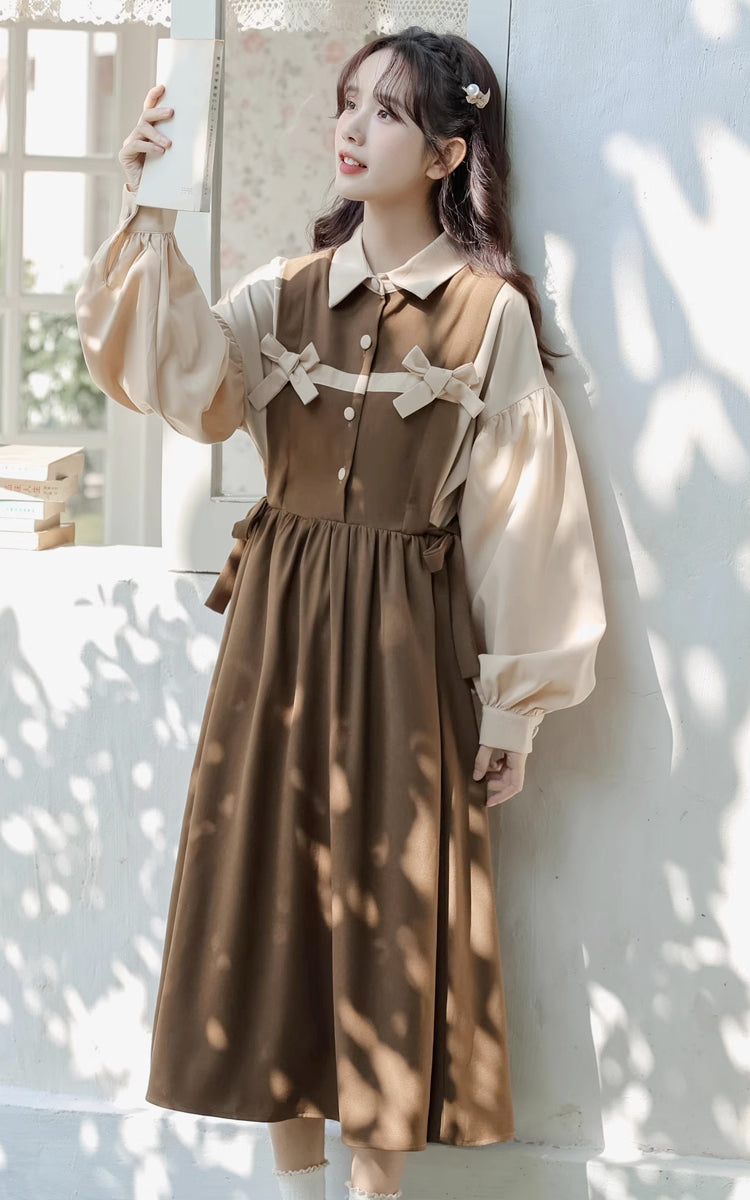 Cocoa Bows Twofer Midi Dress (Brown)