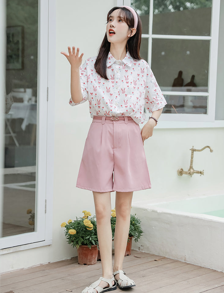 Pink Bunny Button Up Shirt (White)