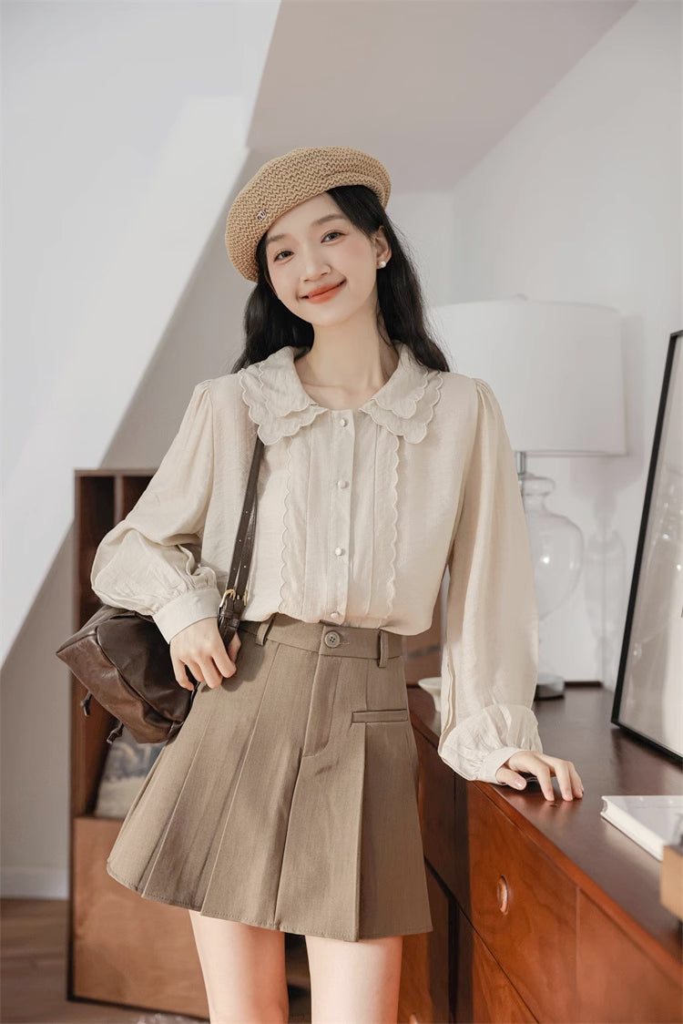 Scallop Trim Blouse (Light Khaki)
