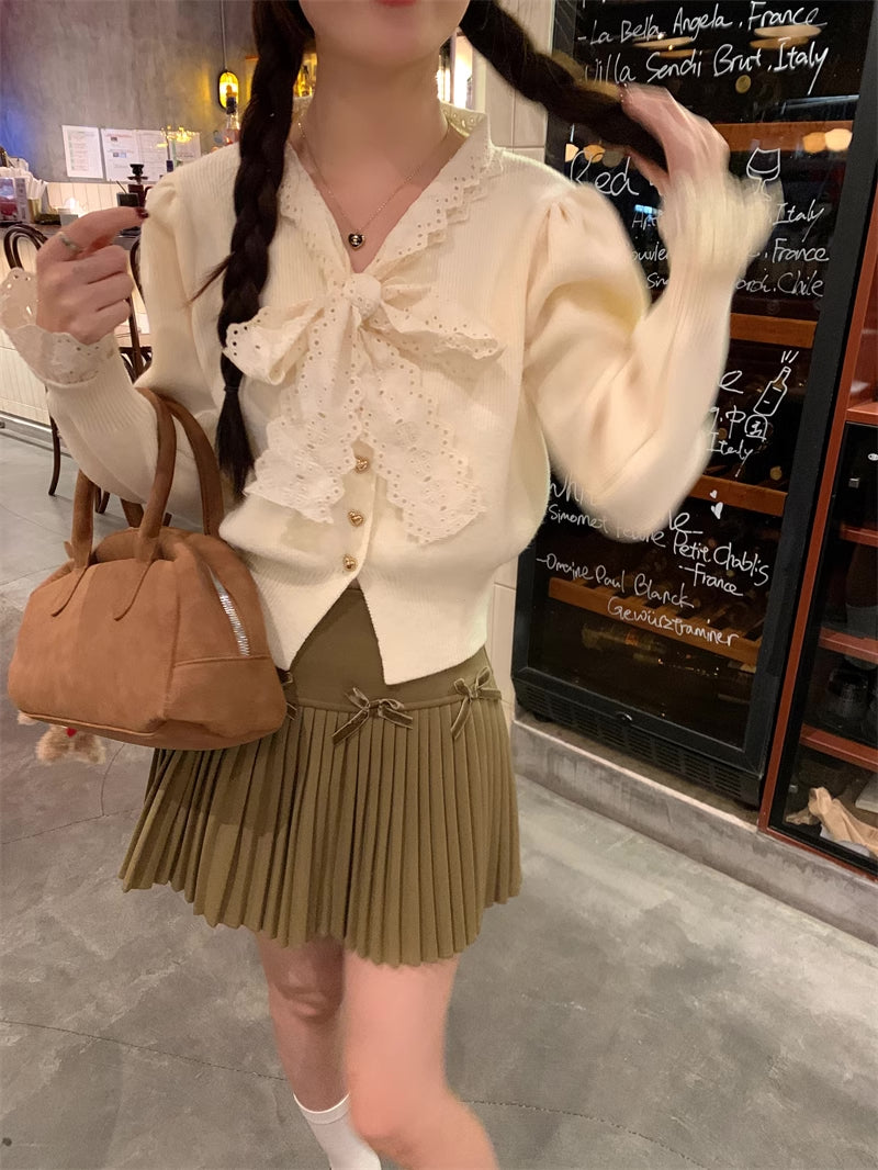 Heart Button Lace Trim Cardigan (3 Colors)