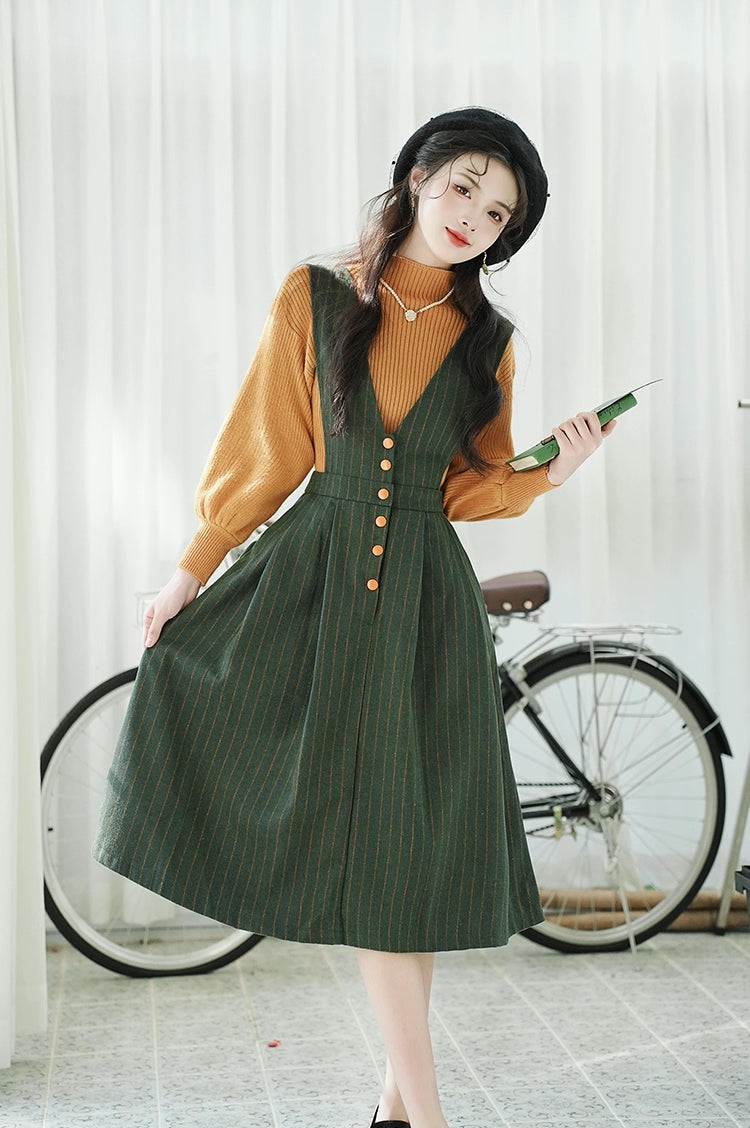 Gingko Stripe Pinafore & Sweater Set (Mustard/Green)