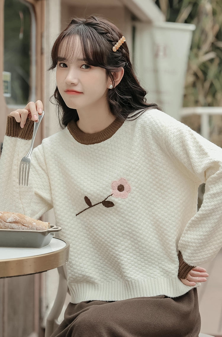 Waffle Knit Flower Sweater (2 Colors)