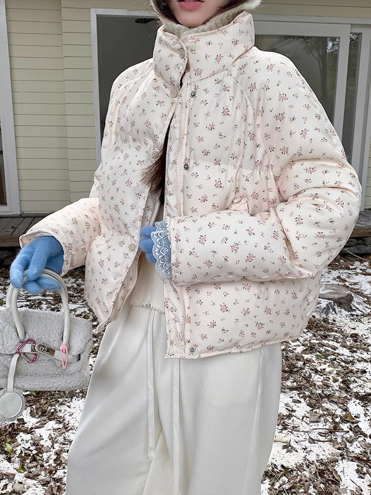 Ditsy Floral Puffer Jacket (Cream/Pink)