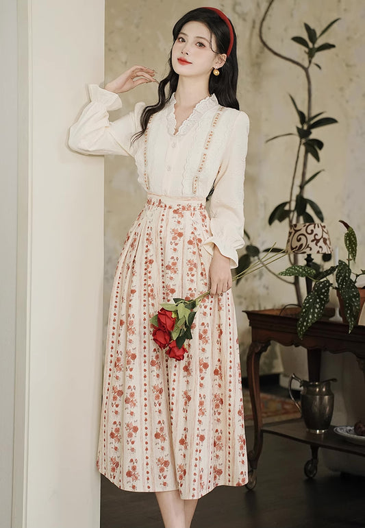 Rose Wallpaper Blouse & Skirt Set (Cream/Red)