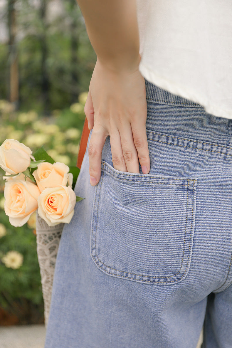 Posy Pockets Embroidered Shorts (Light Denim)