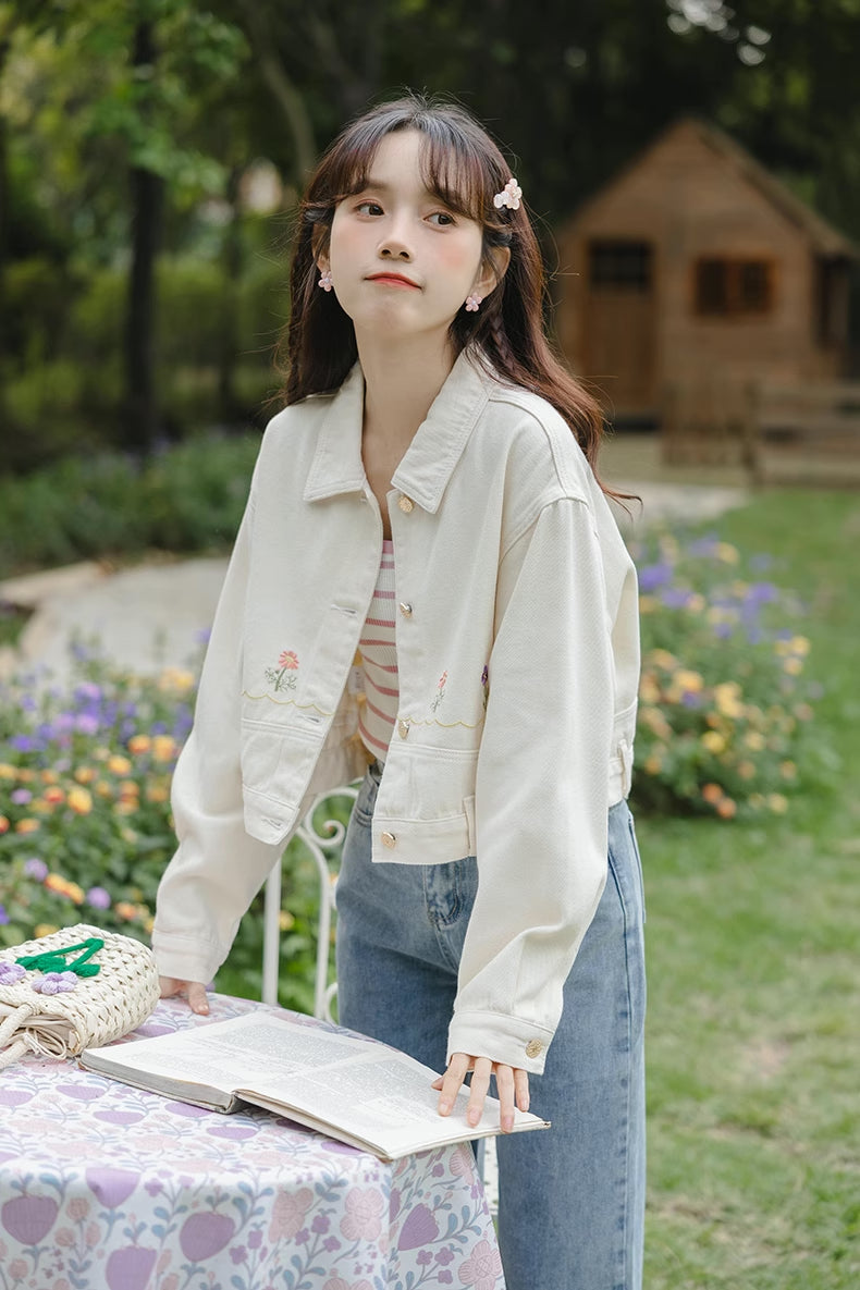 Personal Garden Embroidered Denim Jacket (Cream)