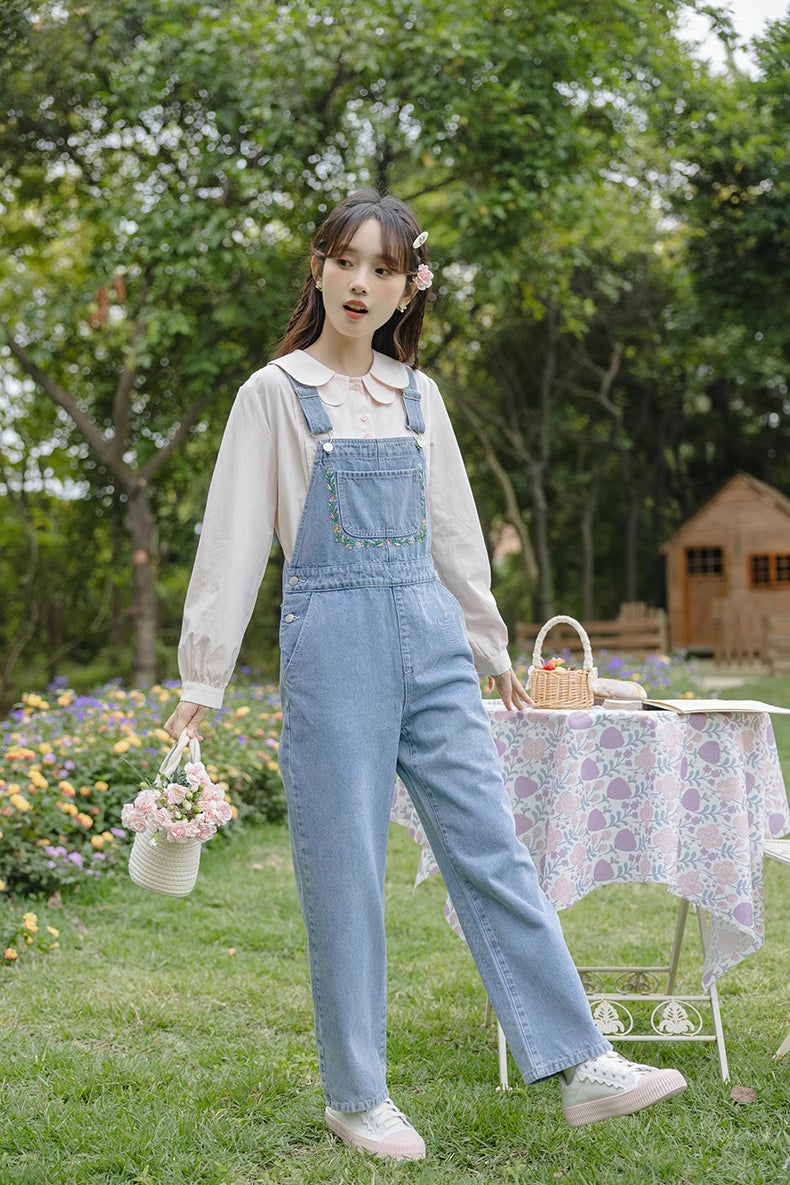 Retro Floral Embroidered Denim Overalls (Medium Blue)