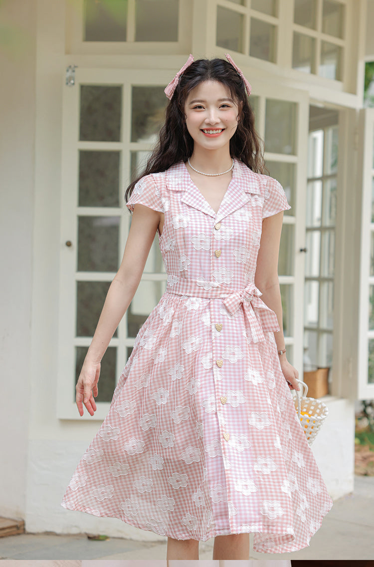 Gingham Daisy Shirt Dress (Pink)