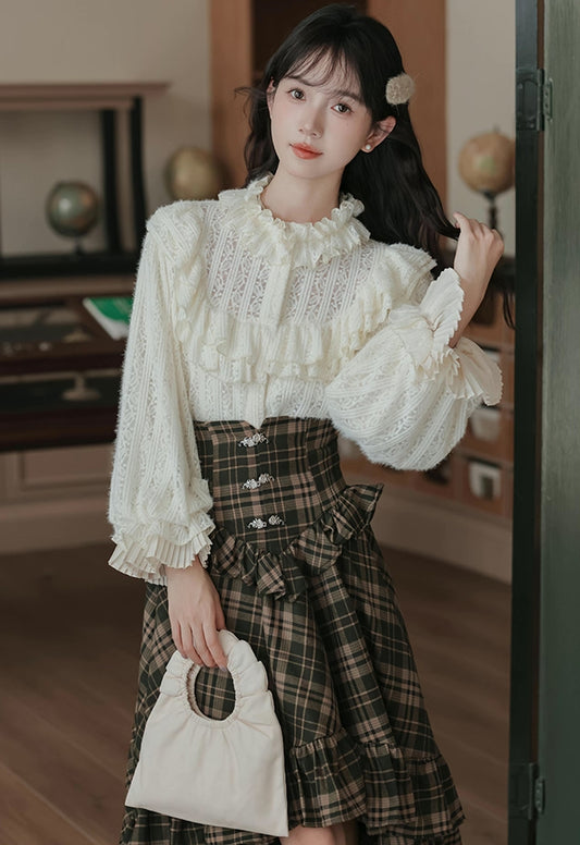 Ornate Lace Puff Sleeve Blouse (Cream)