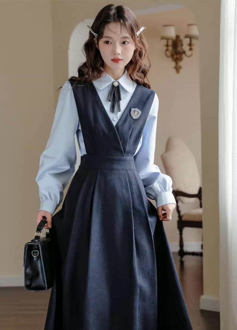 Corduroy Suede Midi Pinafore Dress & Blouse Set (Navy)