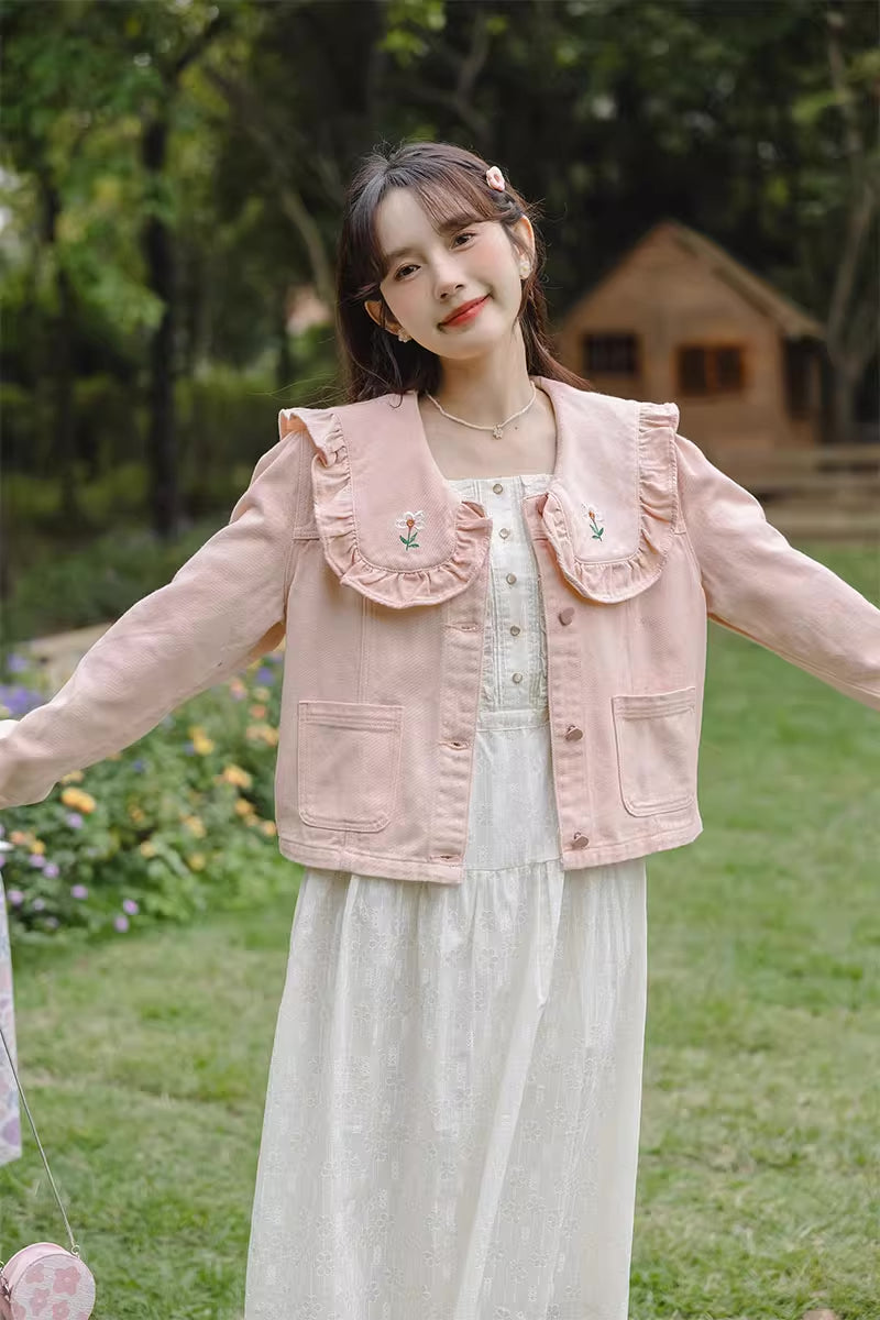 Sweet Heart Flower Embroidered Jacket (Pink)