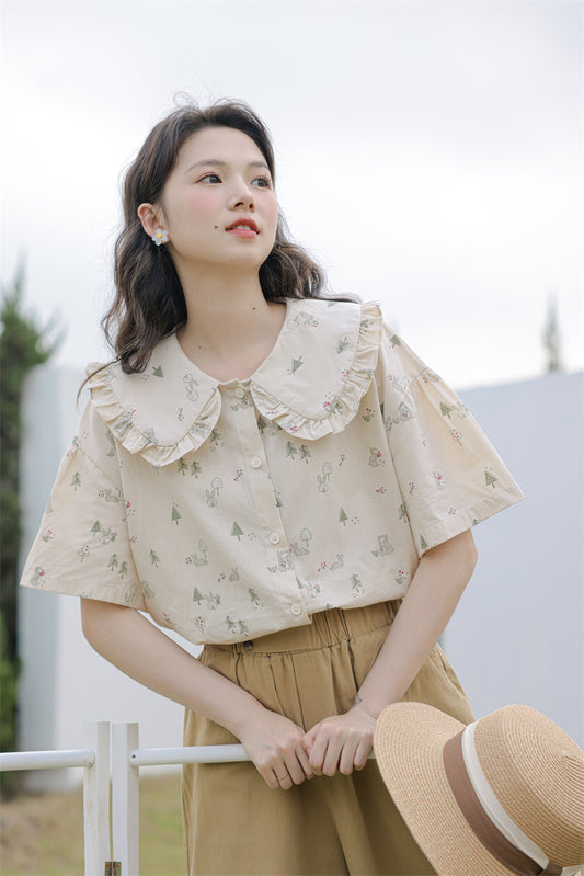 Forest Bunny Button Up Shirt (Beige)