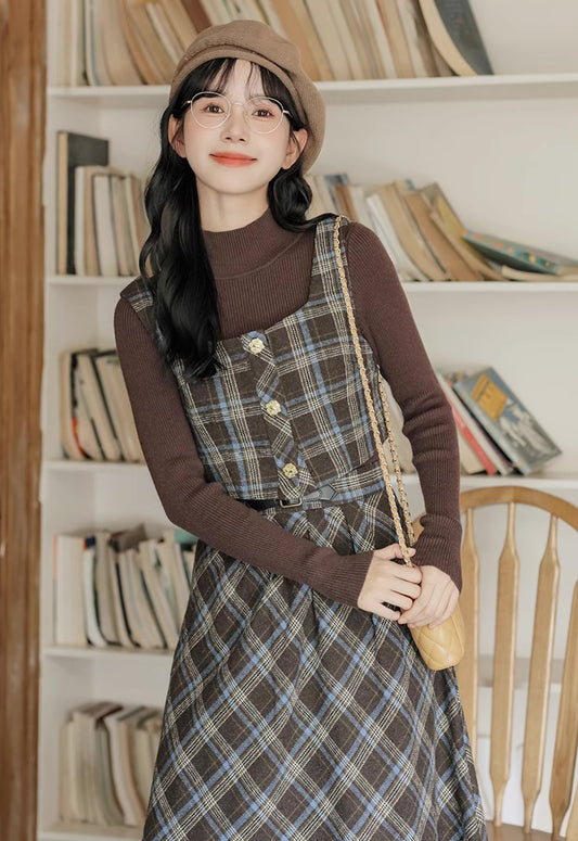 Mint Mocha Plaid Two-Piece Midi Set (Brown)