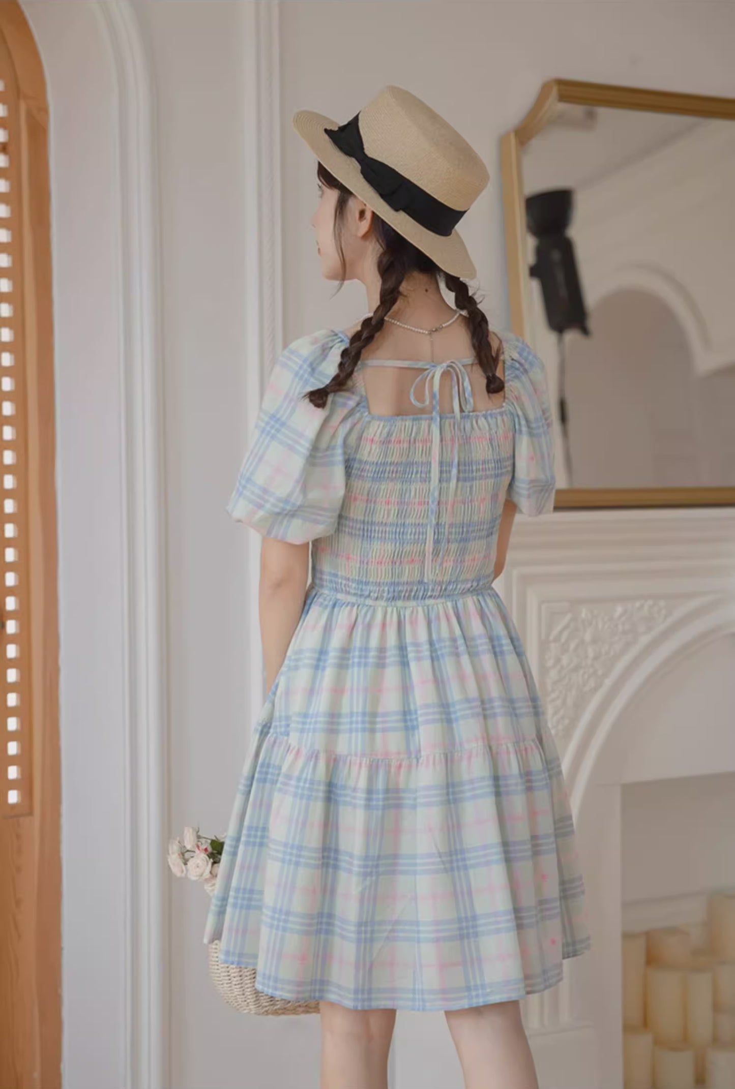 Sorbet Plaid Puff Sleeve Dress (Blue/Green)