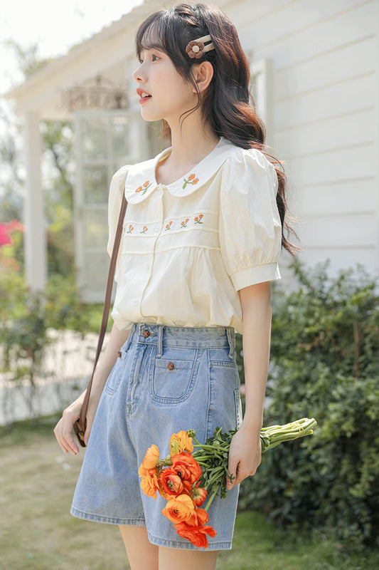 Orange Gerbera Embroidered Blouse (Cream)
