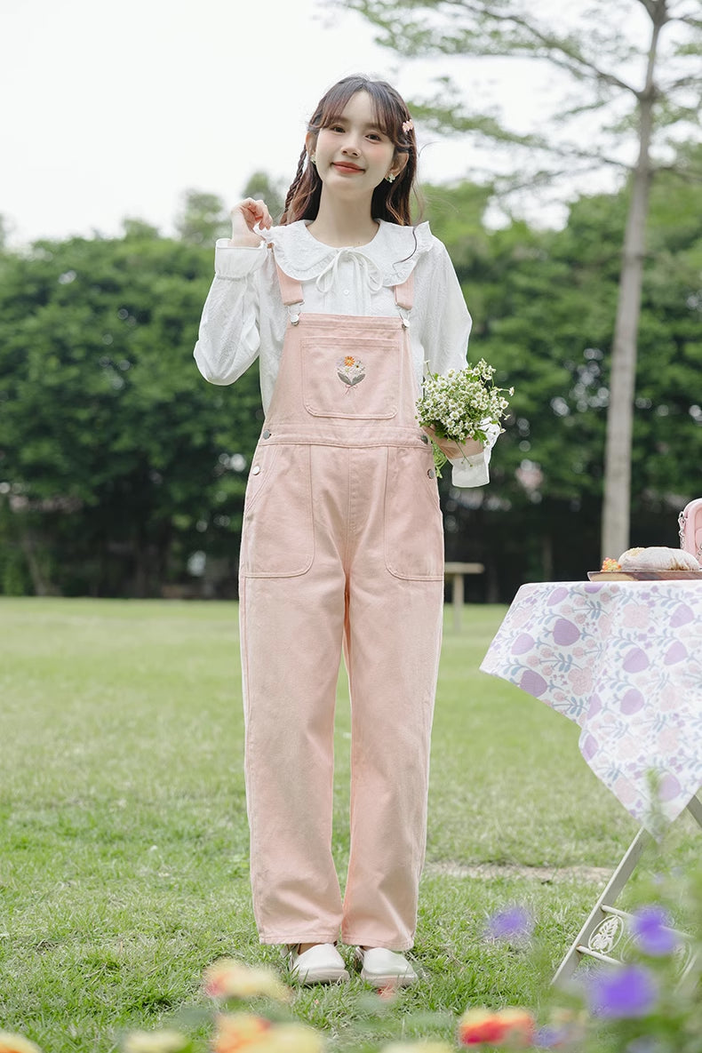 Flower Bouquet Embroidered Overalls (Pink)