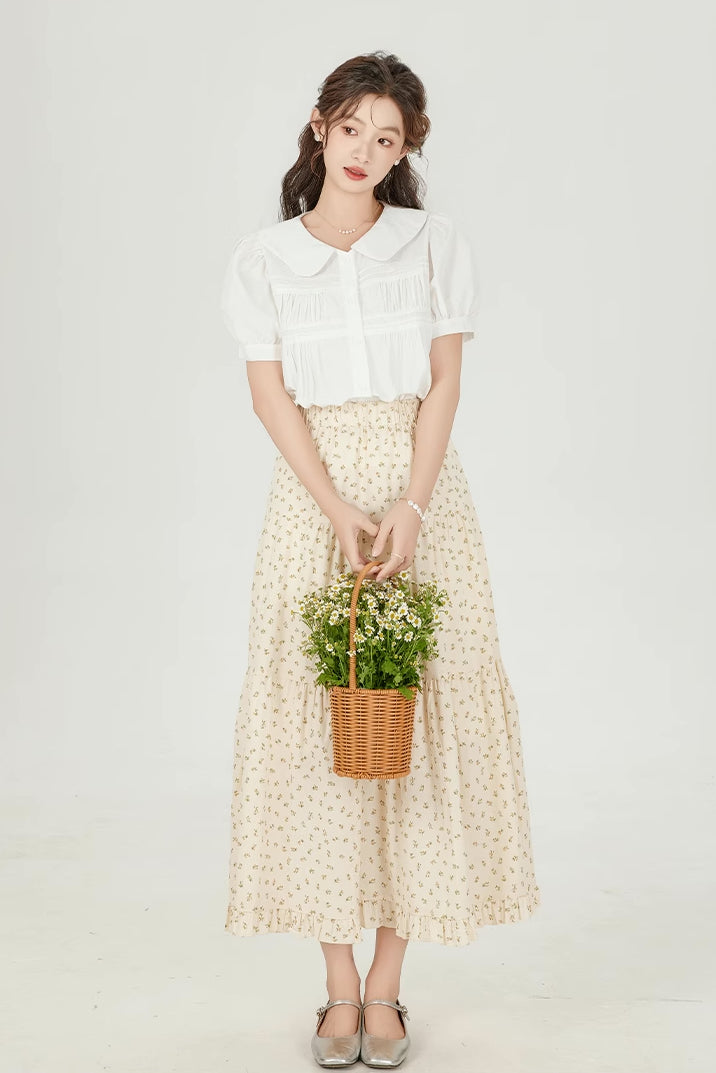 Ditsy Floral Tiered Midi Skirt (Cream)