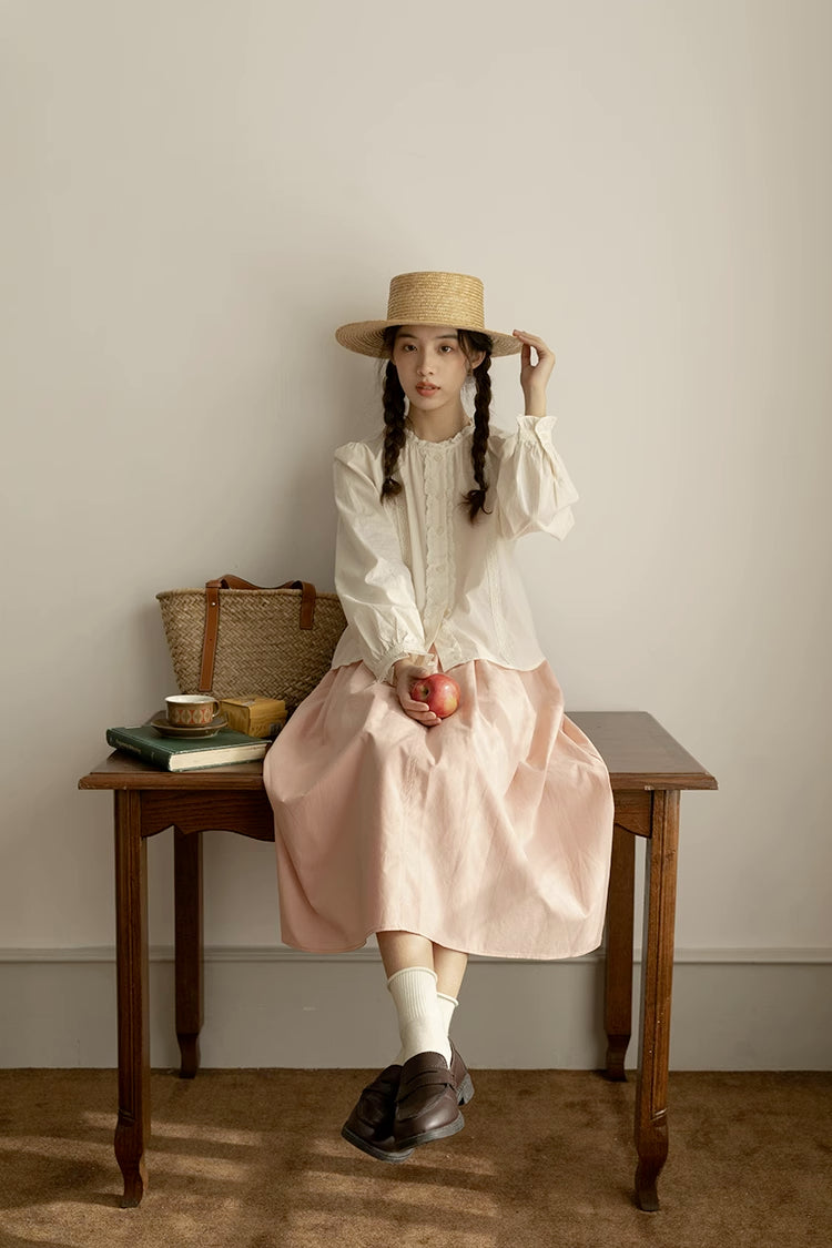 Ruffle Broderie Trim Blouse (White)