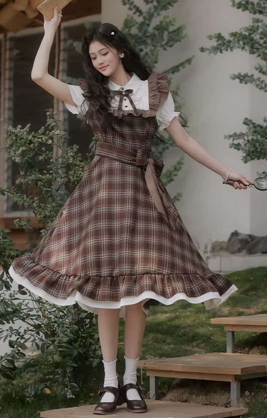 Hazel Plaid Flutter Twofer Midi Dress (Brown)