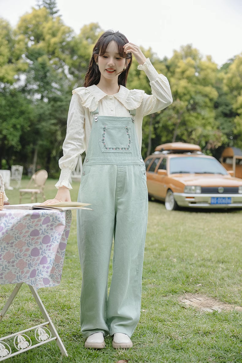 Flower Vines Embroidered Overalls (Green)