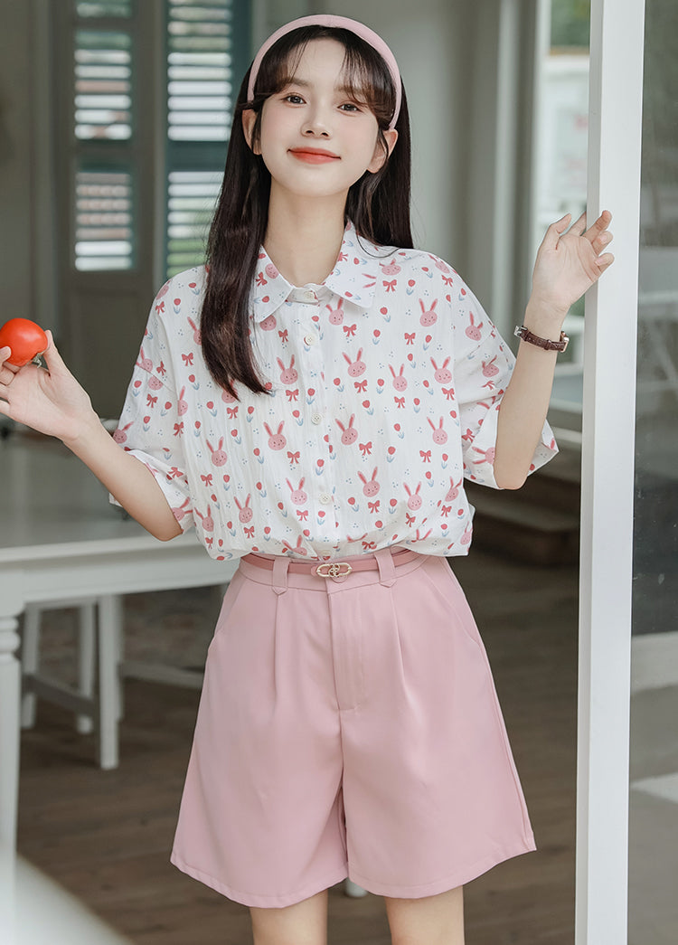 Pink Bunny Button Up Shirt (White)