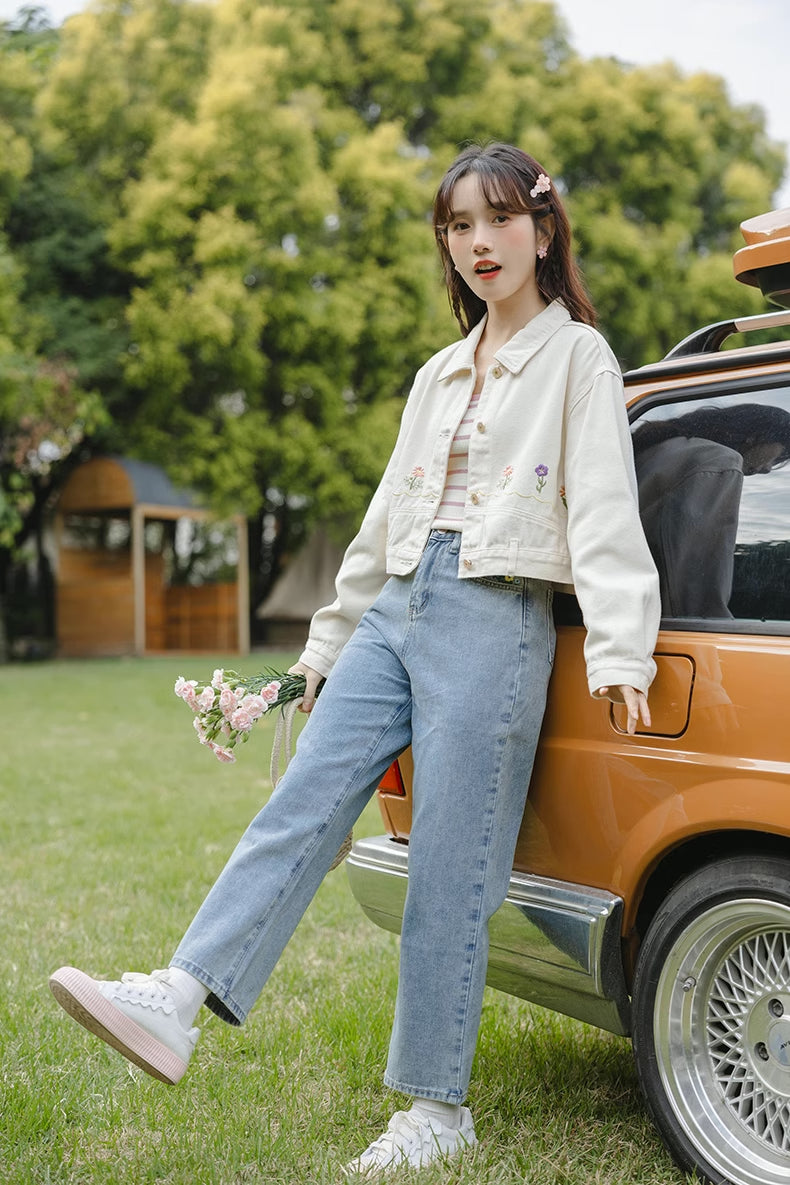 Personal Garden Embroidered Denim Jacket (Cream)