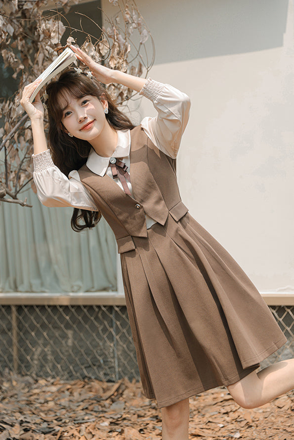 Journalist Waist Coat Dress (Brown)