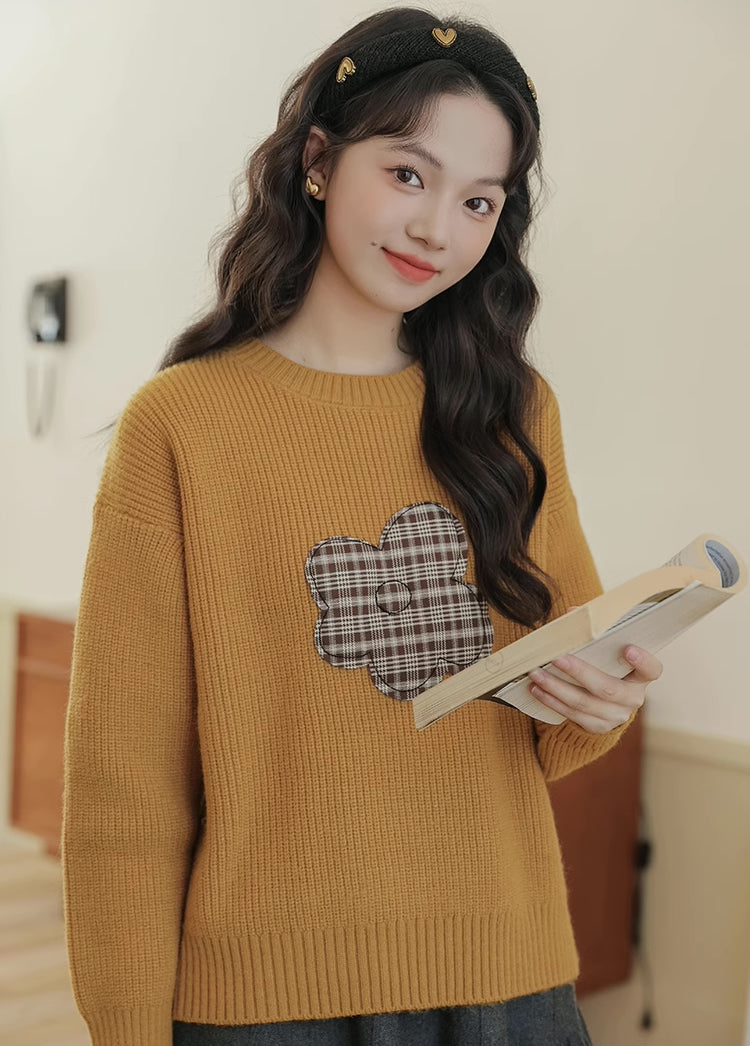 Plaid Flower Sweater (Mustard)