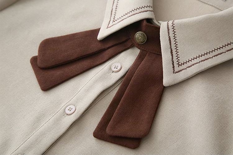 Corduroy Suede Suspender Skirt / Blouse (Brown)