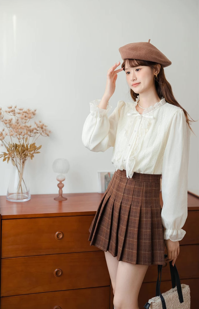 Ruffle Trim Tie Neck Blouse (Cream)