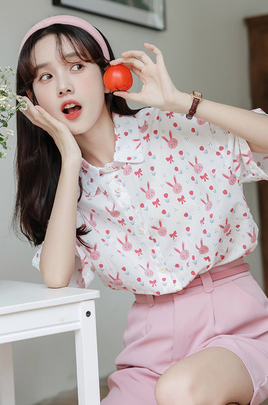 Pink Bunny Button Up Shirt (White)
