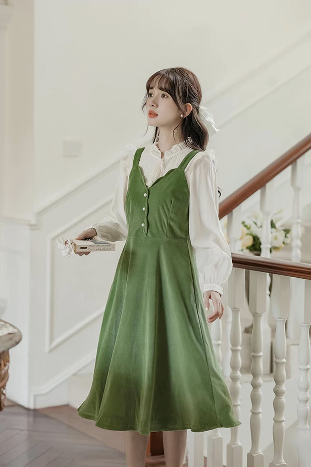 Corduroy Scallop Cami Midi Dress (Pistachio Green)