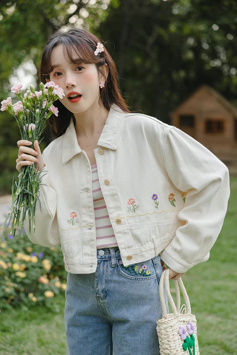 Personal Garden Embroidered Denim Jacket (Cream)