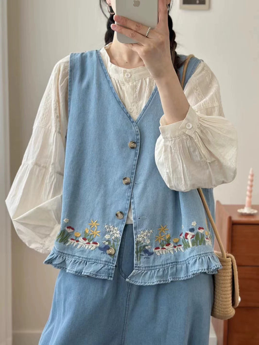Forest Floor Embroidered Denim Vest (2 Colors)