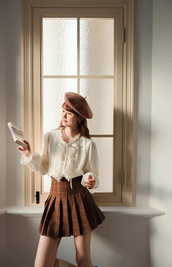Ruffle Trim Tie Neck Blouse (Cream)