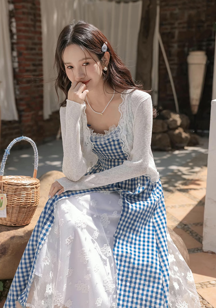 Gingham Lace Cami Maxi Dress (Blue)