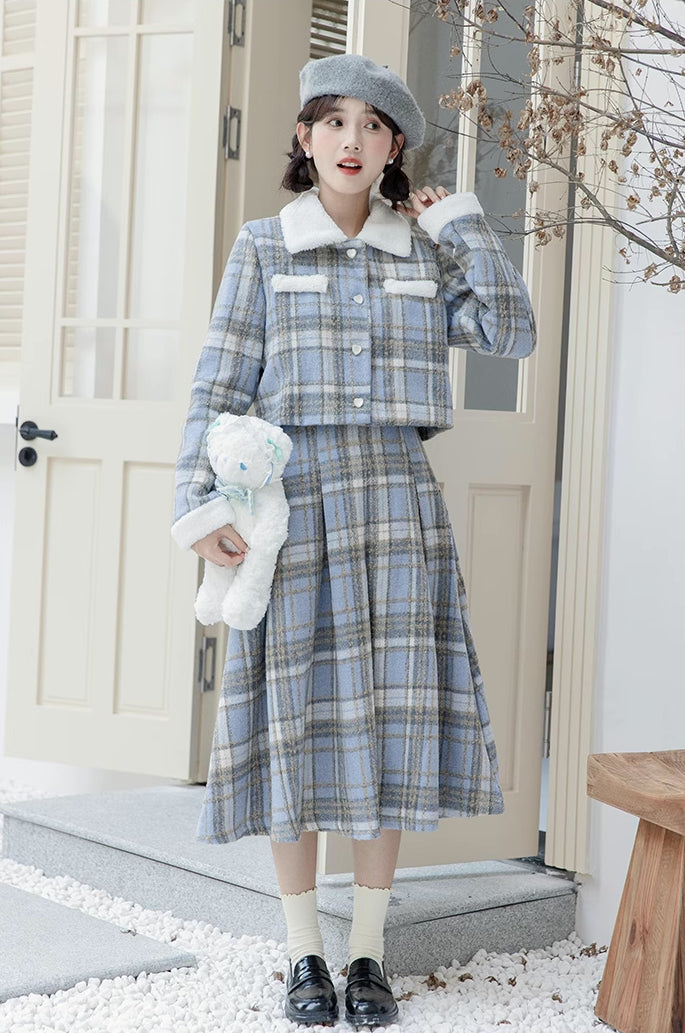 Elsa Plaid Tweed Midi Set (Blue)
