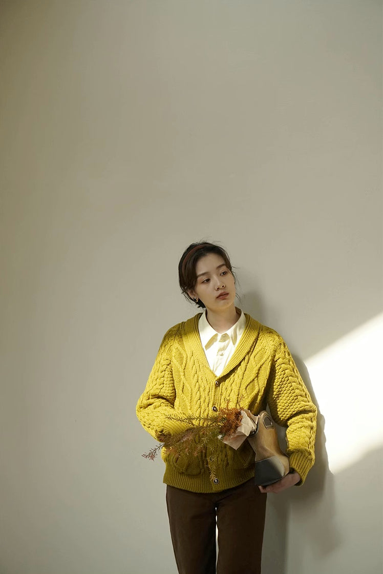 Shawl Collar Cable Knit Cardigan (Chartreuse)