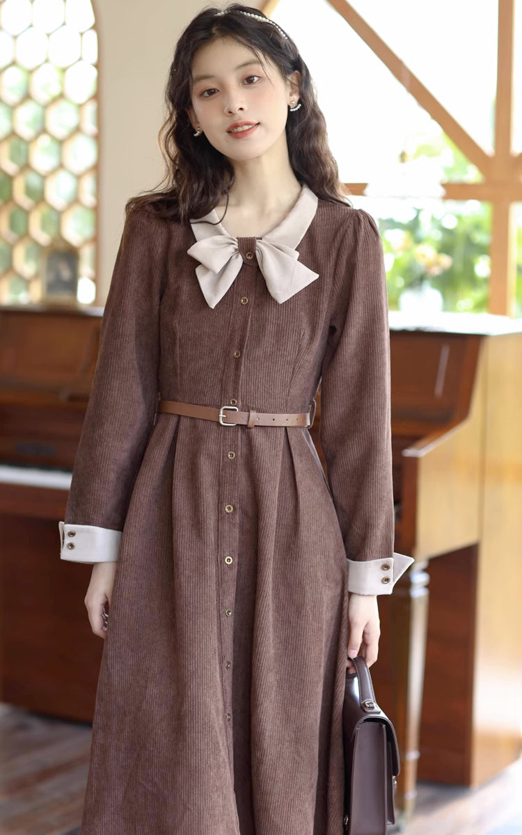 Bow Collar Corduroy Button Down Dress (Chocolate)