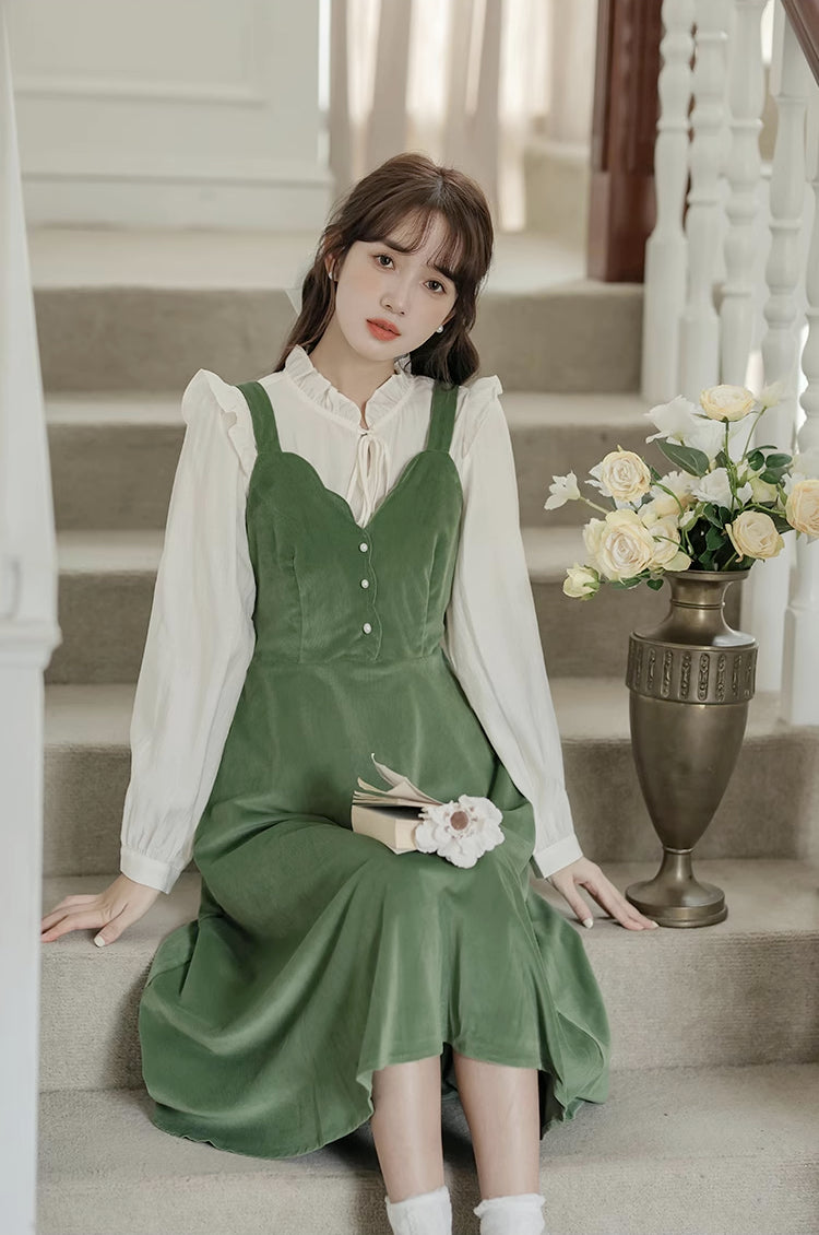 Corduroy Scallop Cami Midi Dress (Pistachio Green)