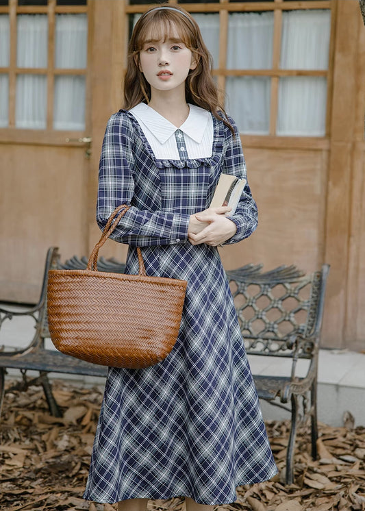 Uni Plaid Midi Dress (Navy)