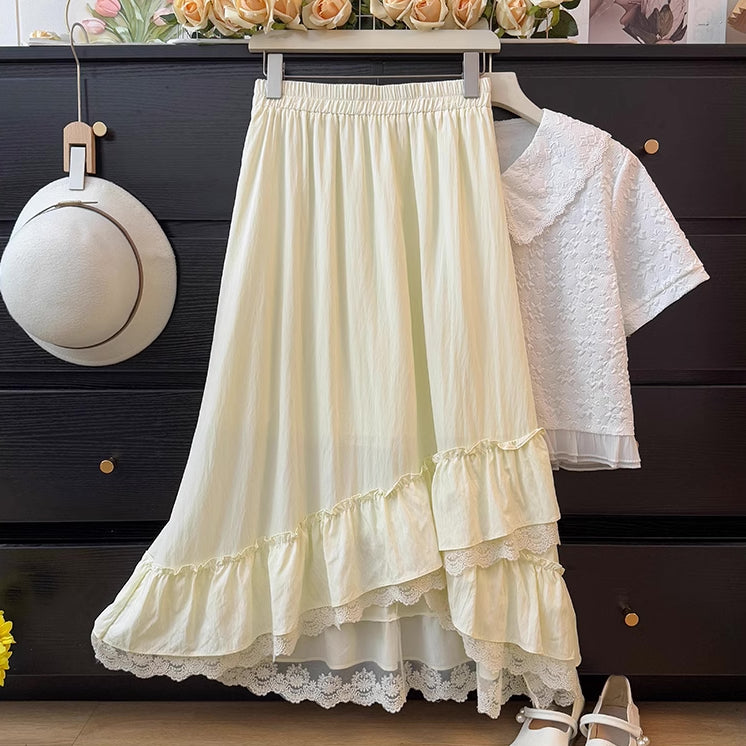 Asymmetrical Lace Hem Midi Skirt (5 Colors)