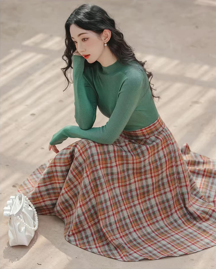 Maple Plaid Midi Circle Skirt (Multicolor)