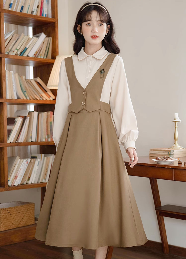 Basic Woven Vest Pinafore Dress / Blouse (2 Colors)