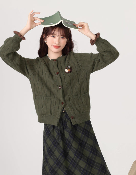 Braided Round Neck Cardigan (Olive)