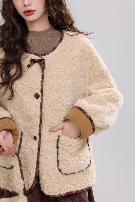 Round Neck Teddy Jacket (Khaki)